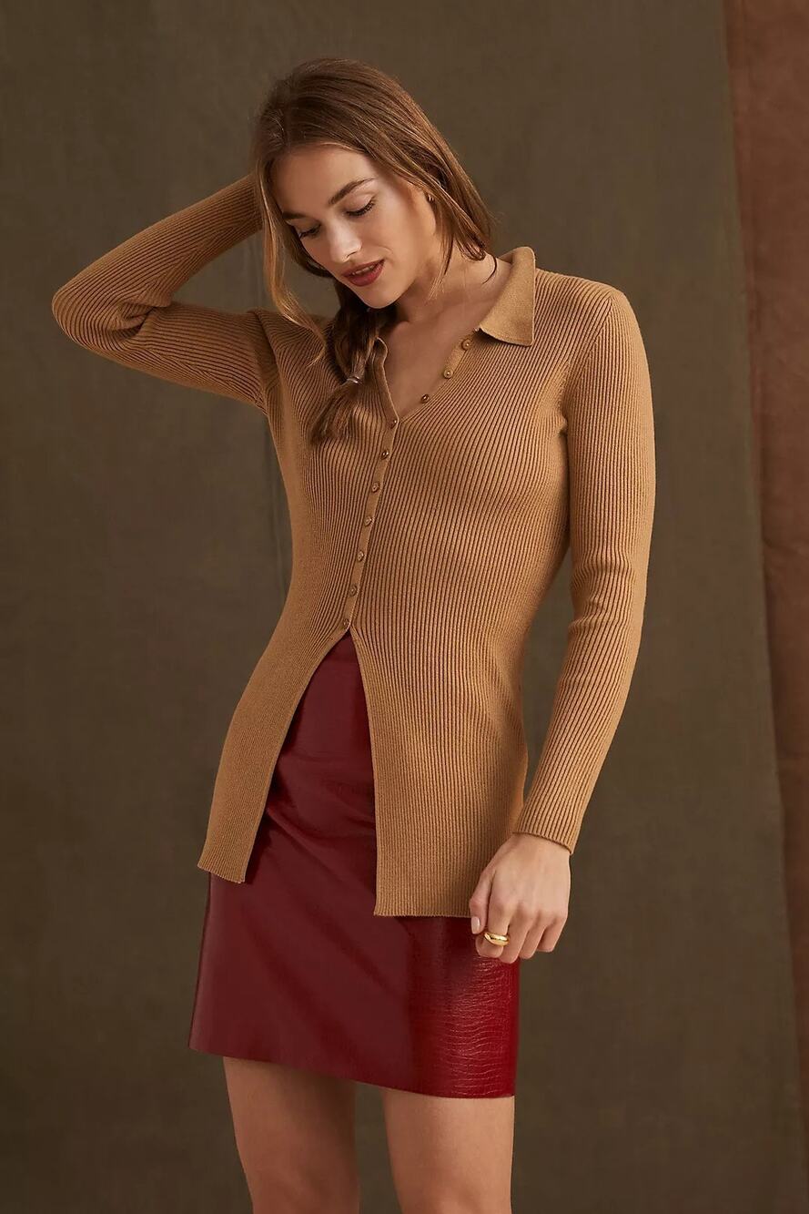 Maeve by Anthropologie Slim Ribbed Button-Up Knit Cardigan Sweater Size S Small